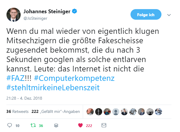 Wurde deutlich: Johannes Steiniger mit seinem Tweet.