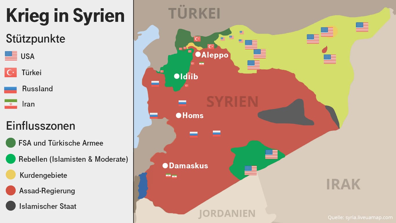Krieg in Syrien: Stützpunkte und Einflusszonen.