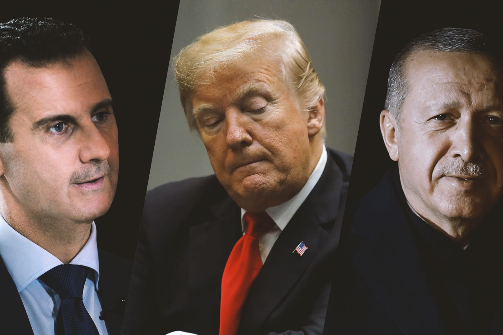 Der syrische Machthaber Bassar al-Assad (l.), US-Präsident Donald Trump (m.) und der türkische Präsident Recep Tayyip Erdogan (r.): Die Türkei und der syrische Machthaber würden vom Abzug der US-Truppen in Syrien profitieren.