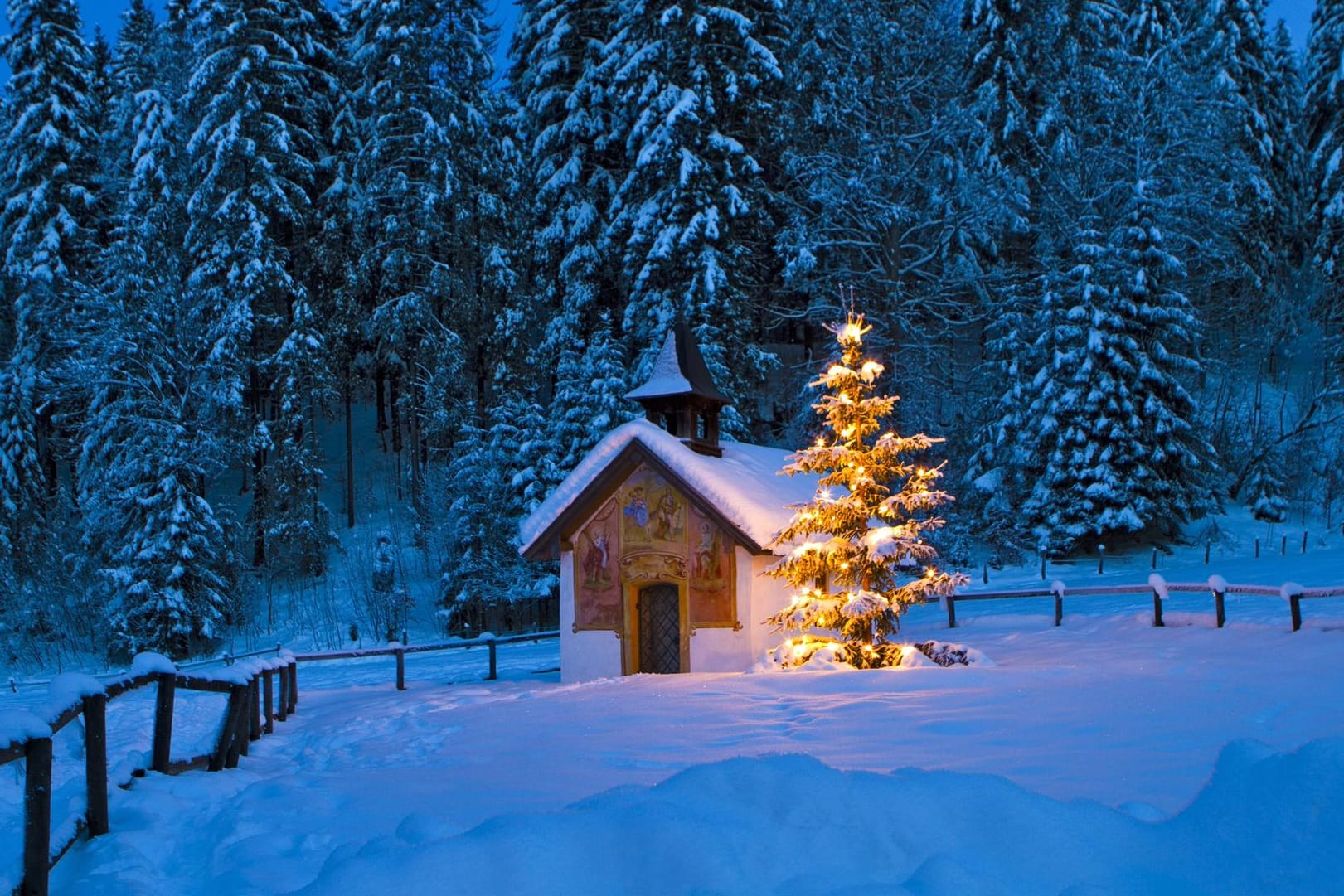 Ein Weihnachtsbaum vor einer Kapelle in Bayern: Zu Weihnachten ist es selten wirklich kalt – auch wenn die älteren Familienmitglieder sich an etwas anderes erinnern wollen, sagt Jörg Kachelmann.