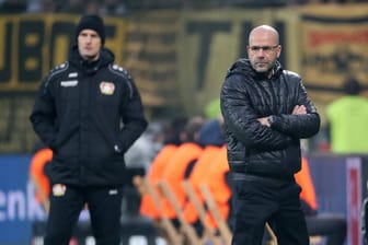 Ex-BVB-Coach Peter Bosz (r.) und Heiko Herrlich im direkten Duell 2017: Löst der Niederländer Leverkusens Trainer ab?