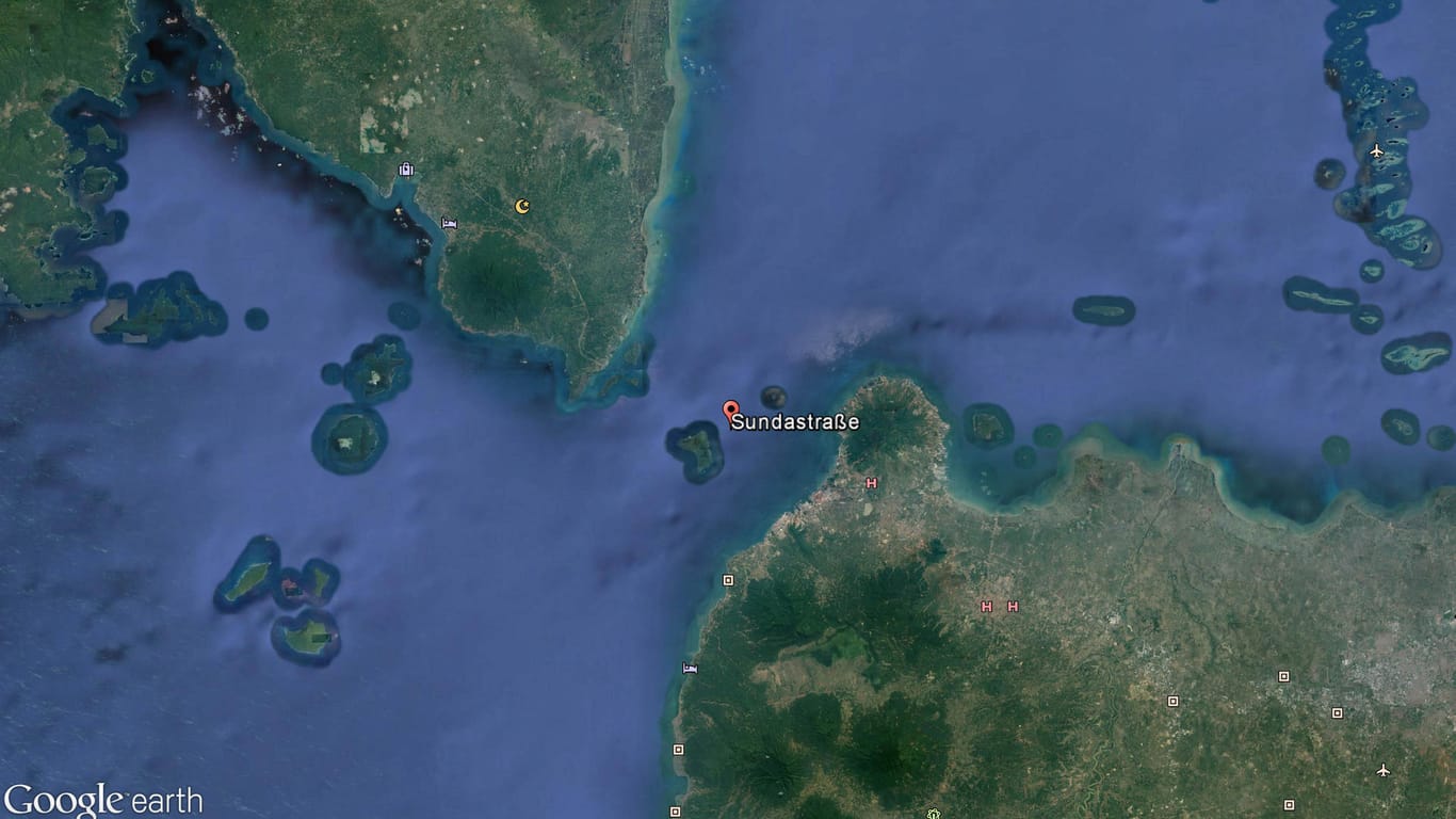 Indonesien: Karte der Sundastraße, die Insel Sumatra liegt oben links, rechts unten befindet sich Java.