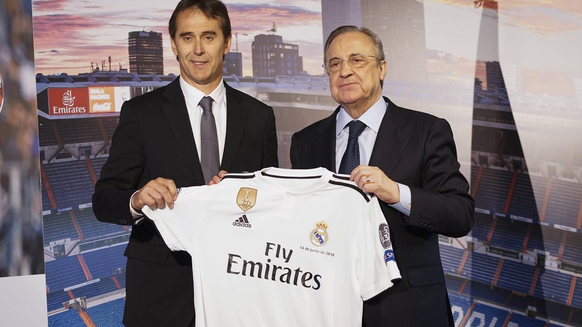 Julen Lopetegui (l.) und Real-Präsident Florentino Perez bei der Vorstellung am 14. Juni.