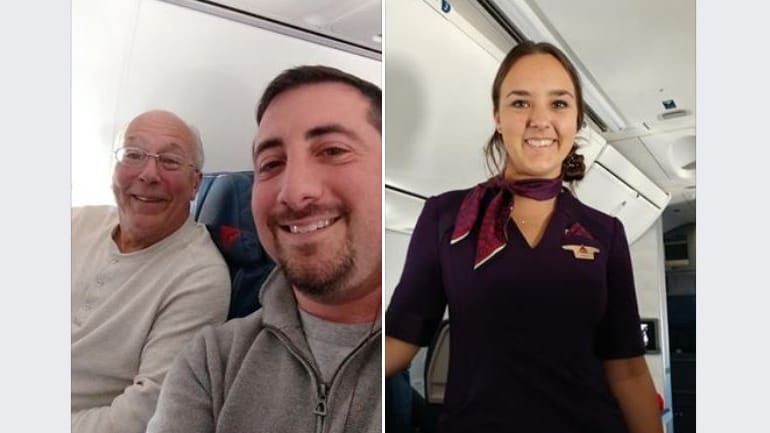 Stolzer Papa, glückliche Tochter: Hal Vaughan (l.) begleitete seine Tochter über Weihnachten durch die USA. Fluggast Mike Levy (2.v.r.) machte auf die Geschichte aufmerksam. Stolzer Papa, glückliche Tochter: Hal Vaughan (l.) begleitete seine Tochter über Weihnachten durch die USA. Fluggast Mike Levy (2.v.r.) machte auf die Geschichte aufmerksam.