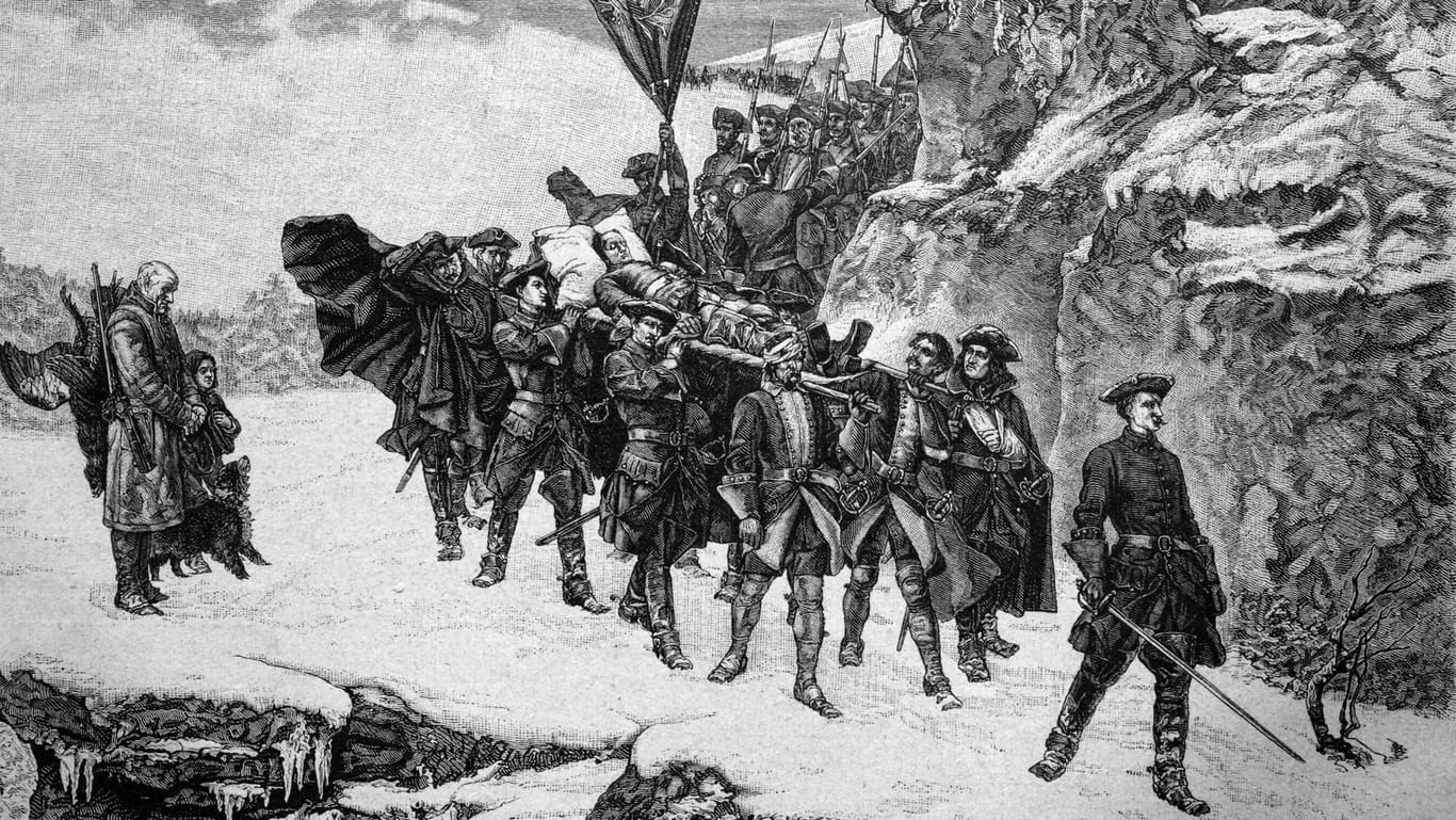 Soldaten tragen die Leiche Karls XII.: Der tödliche Schuss sollte den Krieg beenden.