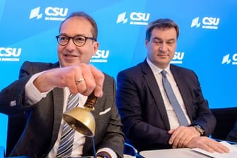 Alexander Dobrindt (l), CSU-Landesgruppenchef, läutet neben Markus Söder, Ministerpräsident von Bayern, ein Glöckchen zur Eröffnung der Winterklausur.