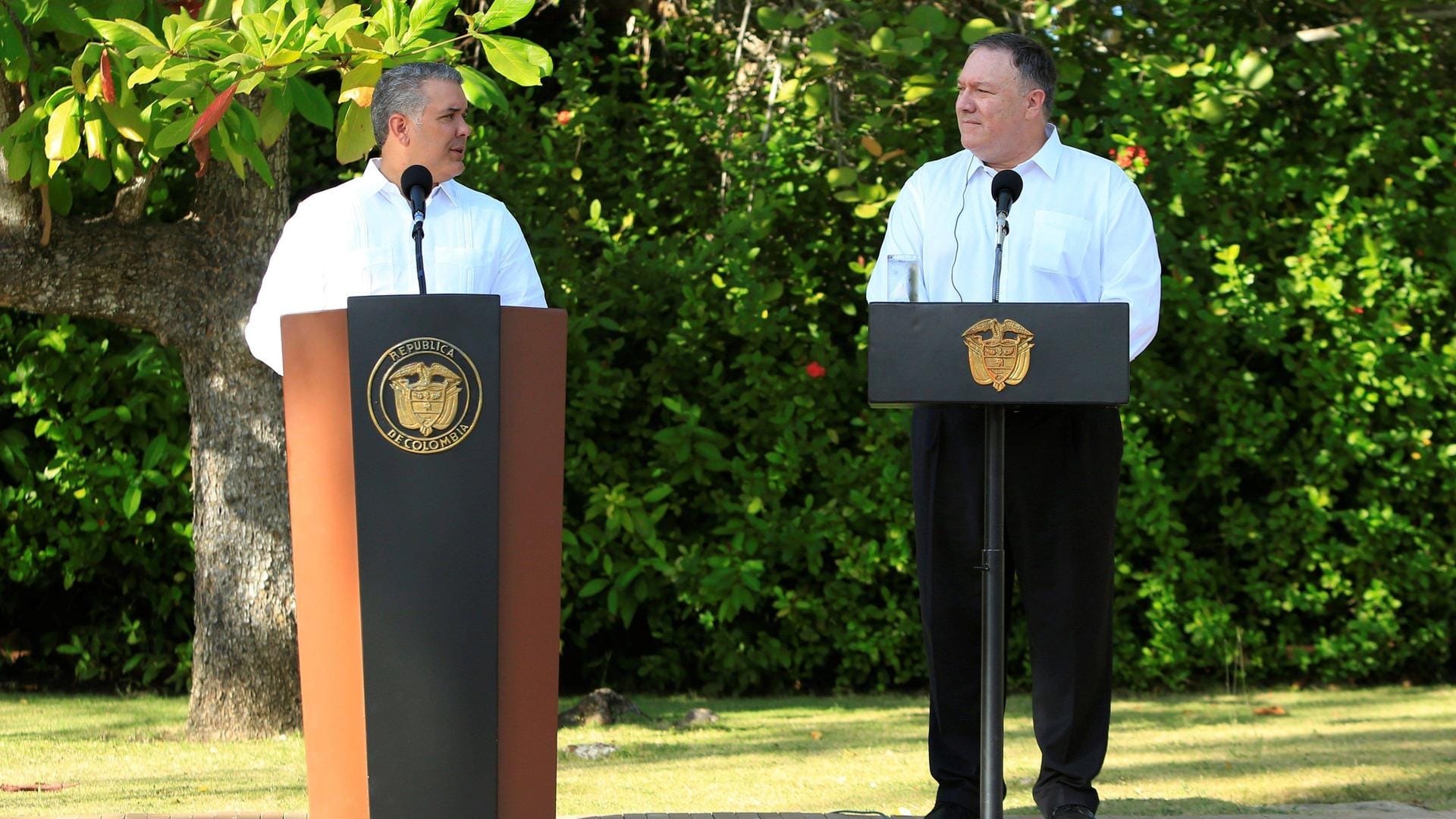 Kolumbiens Staatschef Iván Duque und US-Außenminister Mike Pompeo: In Kolumbien erklärten sie, sich für die Wiederherstellung der Demokratie in Venezuela einsetzen zu wollen.