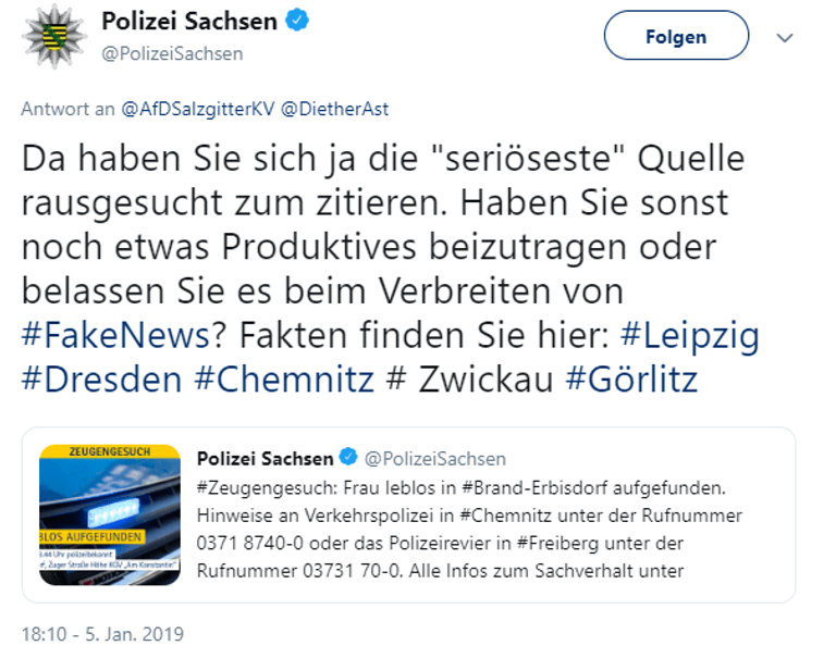 Deutlich: Die Polizei Sachsen in ihrer Antwort an den AfD-Kreisverband.