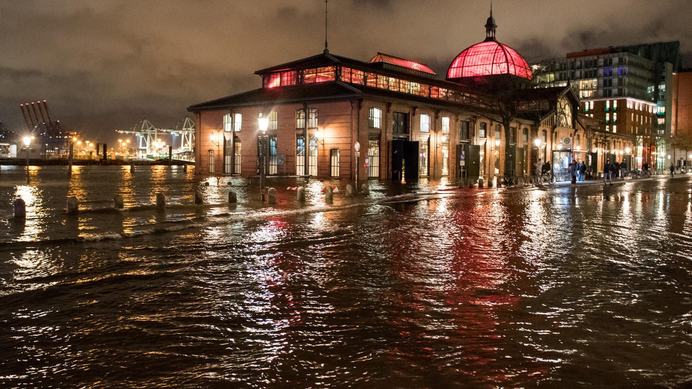 Fischmarkt mit Fischauktionshalle in Hamburg: Wegen der ersten Sturmflut 2019 standen Teile des Ufers unter Wasser.