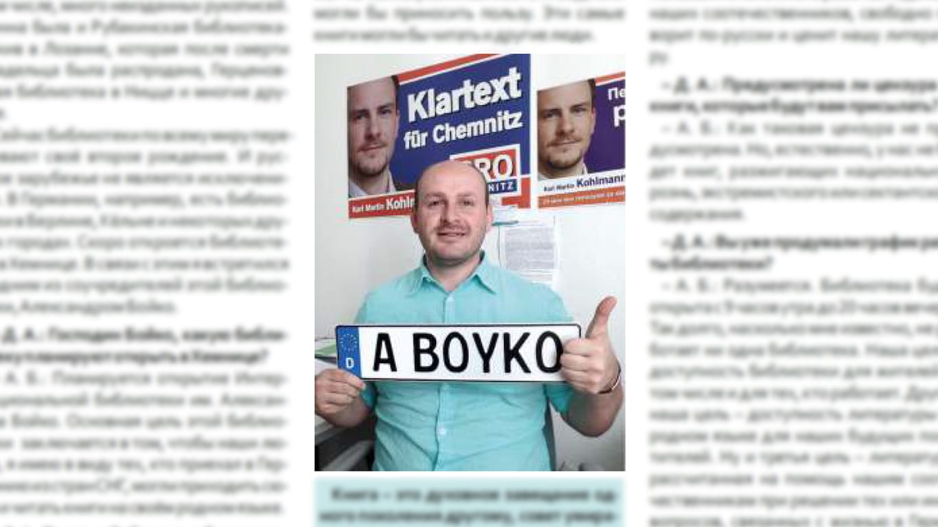 Unter dem "Pro Chemnitz"-Logo und dem Kohlmann-Konterfei: Chefredakteur Alexander Boyko.