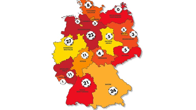 Karte der Lottomillionäre: Im Jahr 2018 gab es 152 neue Lotto-Millionäre, die meisten davon in Nordrhein-Westfalen (27) und Bayern (24).