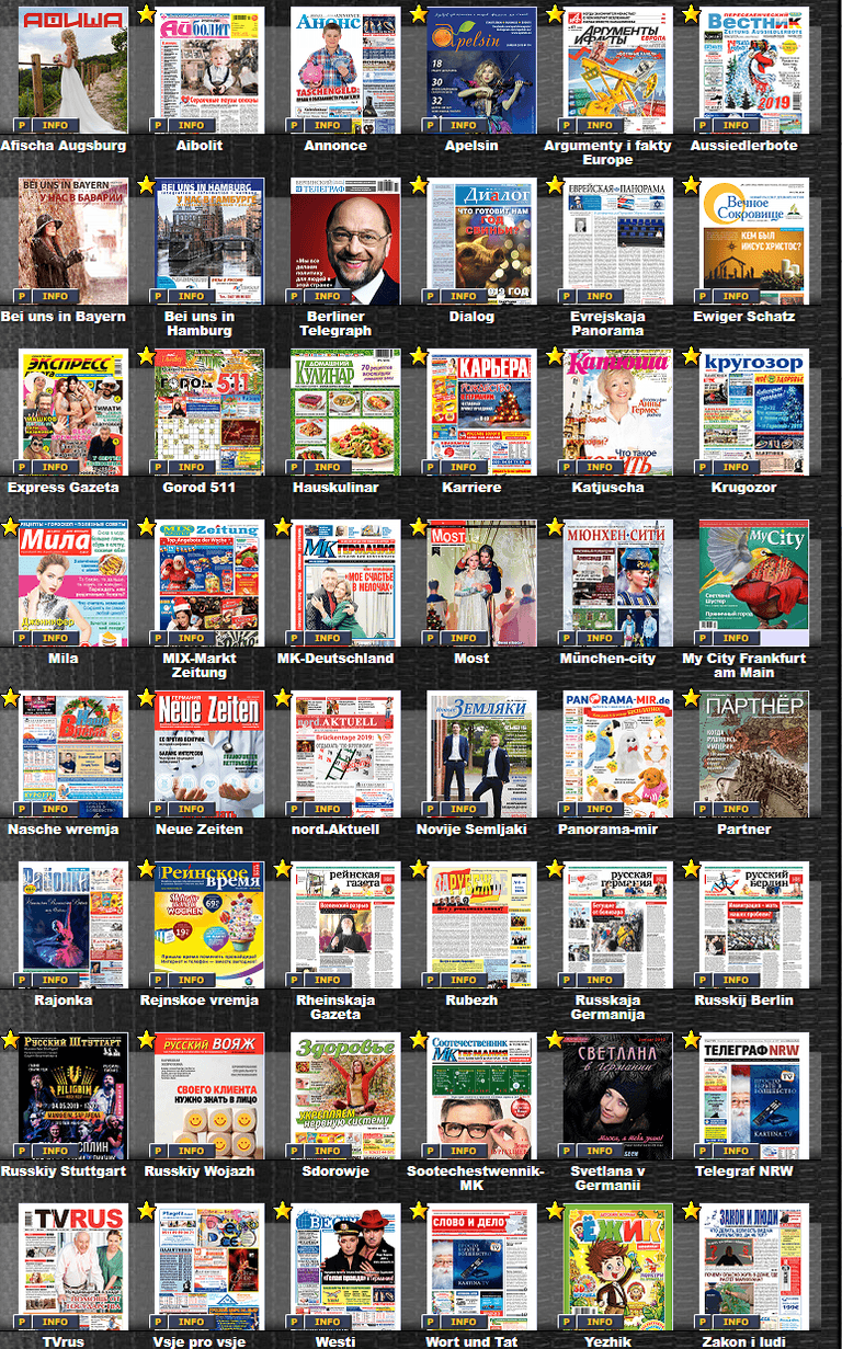 Medienvielfalt: Auf der Seite presseru.de ist eine Vielzahl von Magazinen für die rusisschsprachige Gemeinde zu sehen.