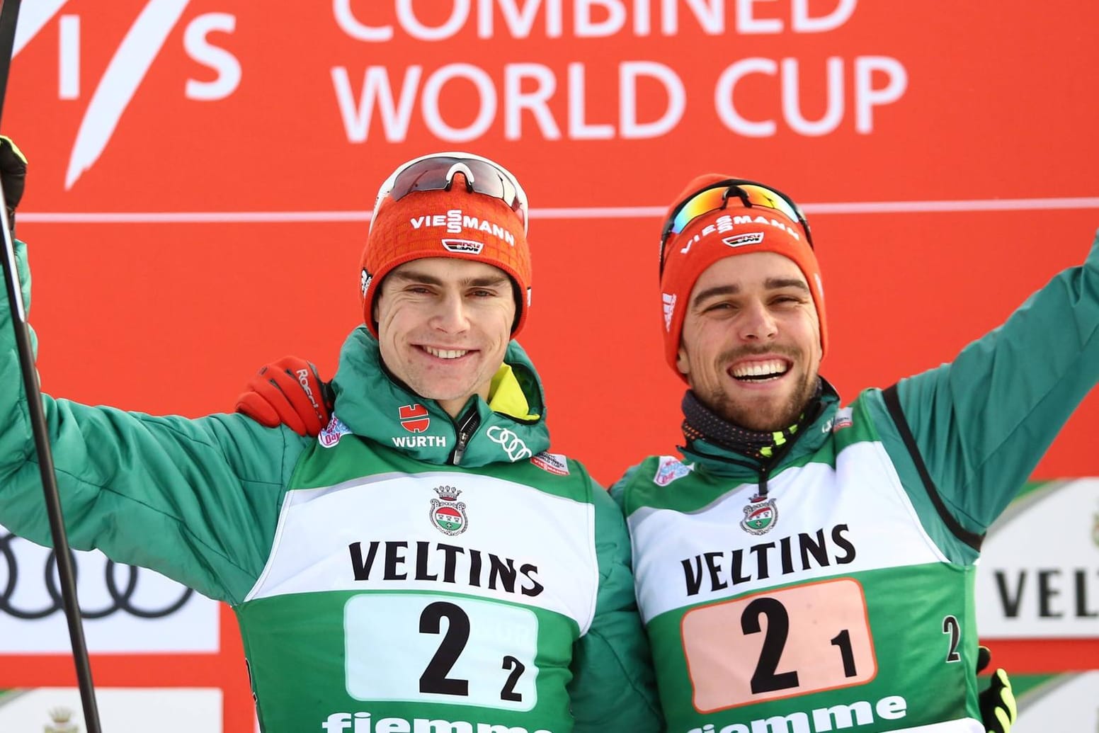 Platz eins und zwei: Vinzenz Geiger (l.) und Johannes Rydzek dominierten die Kombination in Val di Fiemme.