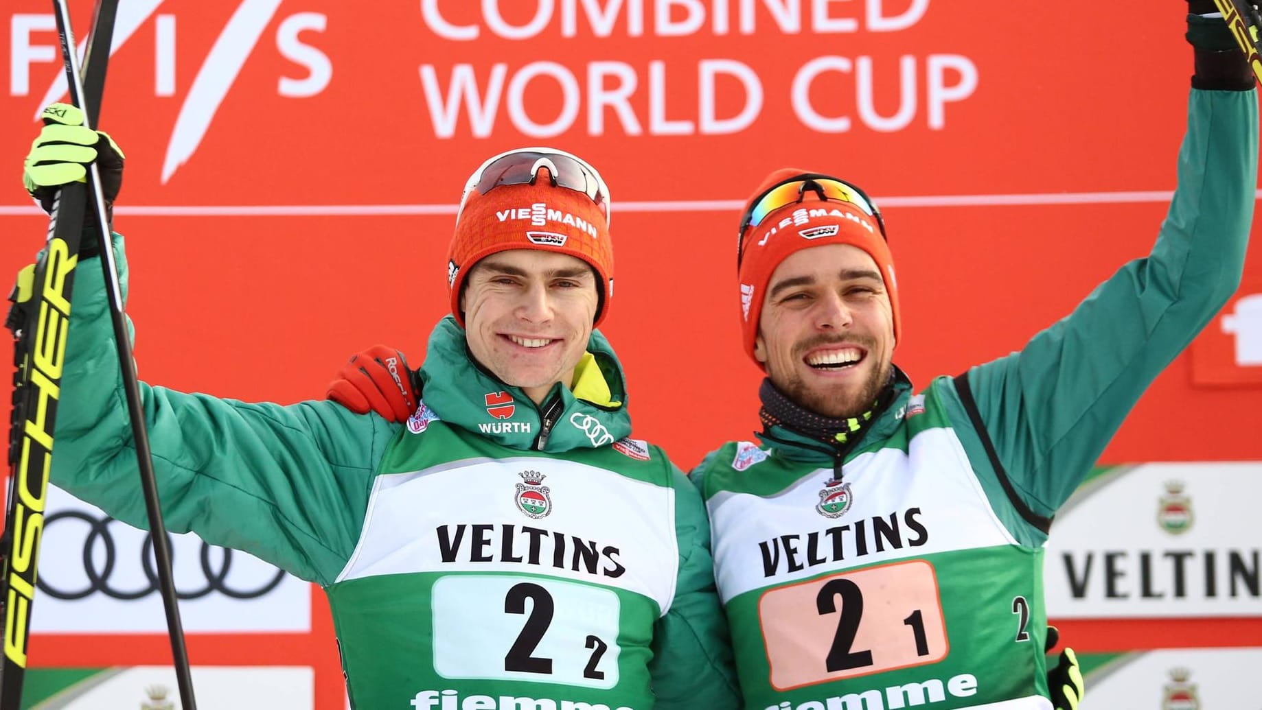 Platz eins und zwei: Vinzenz Geiger (l.) und Johannes Rydzek dominierten die Kombination in Val di Fiemme.