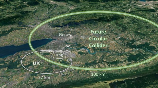 Elipsen, die auf dem Screenshot einer Google-Earth-Karte eingezeichnet wurden, zeigen die Ausmaße des bestehenden Teilchenbeschleunigers mit einen 27 Kilometer langen Tunnel. Elipsen, die auf dem Screenshot einer Google-Earth-Karte eingezeichnet wurden, zeigen die Ausmaße des bestehenden Teilchenbeschleunigers mit einen 27 Kilometer langen Tunnel.