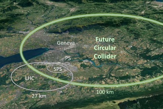Elipsen, die auf dem Screenshot einer Google-Earth-Karte eingezeichnet wurden, zeigen die Ausmaße des bestehenden Teilchenbeschleunigers mit einen 27 Kilometer langen Tunnel.