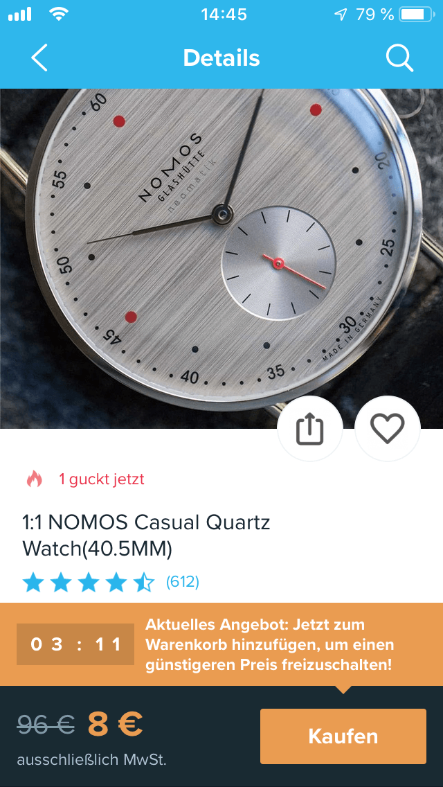 Angebot aus Wish (Screenshot): Uhr mit Nomos-Schriftzug