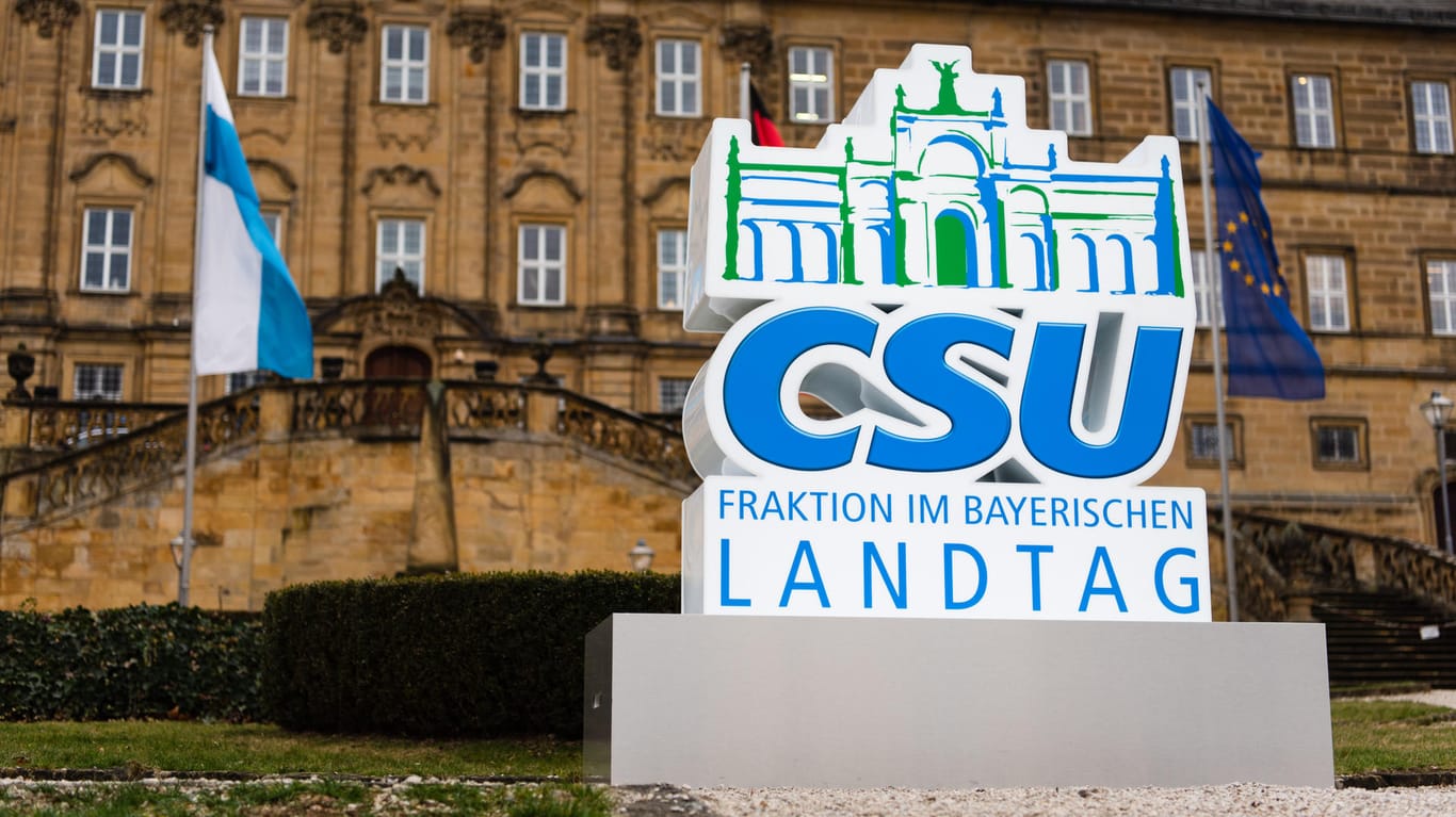 Aufsteller der Partei "Christlich Soziale Union" (CSU) steht vor dem Eingang zum Kloster Banz: Vom 14.01. bis zum 17.01.2019 findet auf Kloster Banz die Winterklausur der CSU-Landtagsfraktion statt.