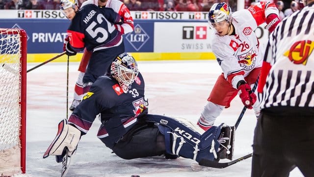 Salzburgs Peter Hochkofler (r) versucht München-Goalie Danny aus den Birken zu überwinden.