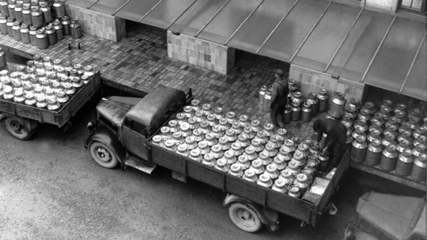 Lastwagen transportieren hunderte von Milchkannen zum Münchner Milchhof.