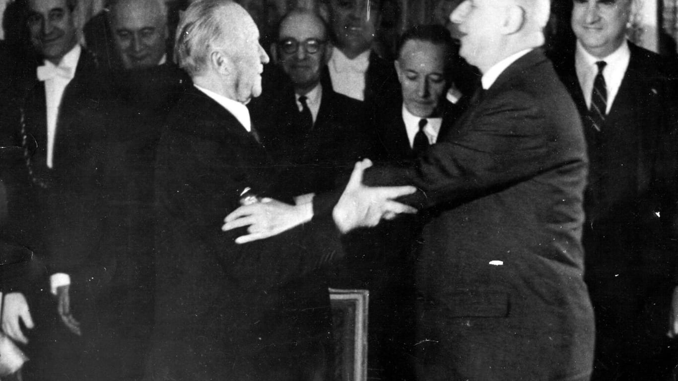 Jan 22 1963 Paris France German statesman KONRAD ADENAUER and CHARLES DE GAULLE after conclud