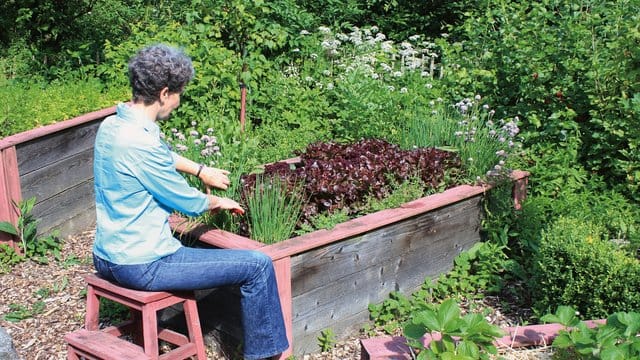 An ein Hochbeet lässt sich bei Bedarf ein Hocker stellen, so dass man bequem sitzend arbeiten kann.