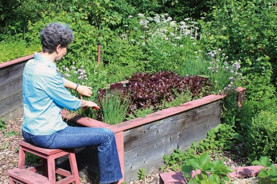 An ein Hochbeet lässt sich bei Bedarf ein Hocker stellen, so dass man bequem sitzend arbeiten kann.