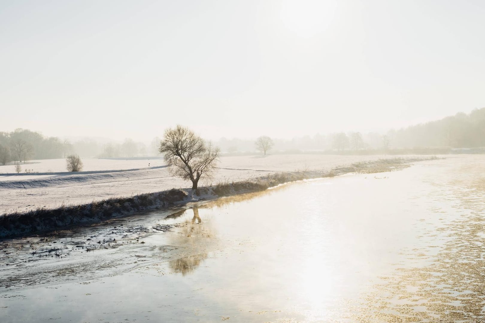 Wintertag an der Mulde in Sachsen: Die Suche mit Hubschrauber wurde wegen des hohen Wasserstandes unterbrochen.