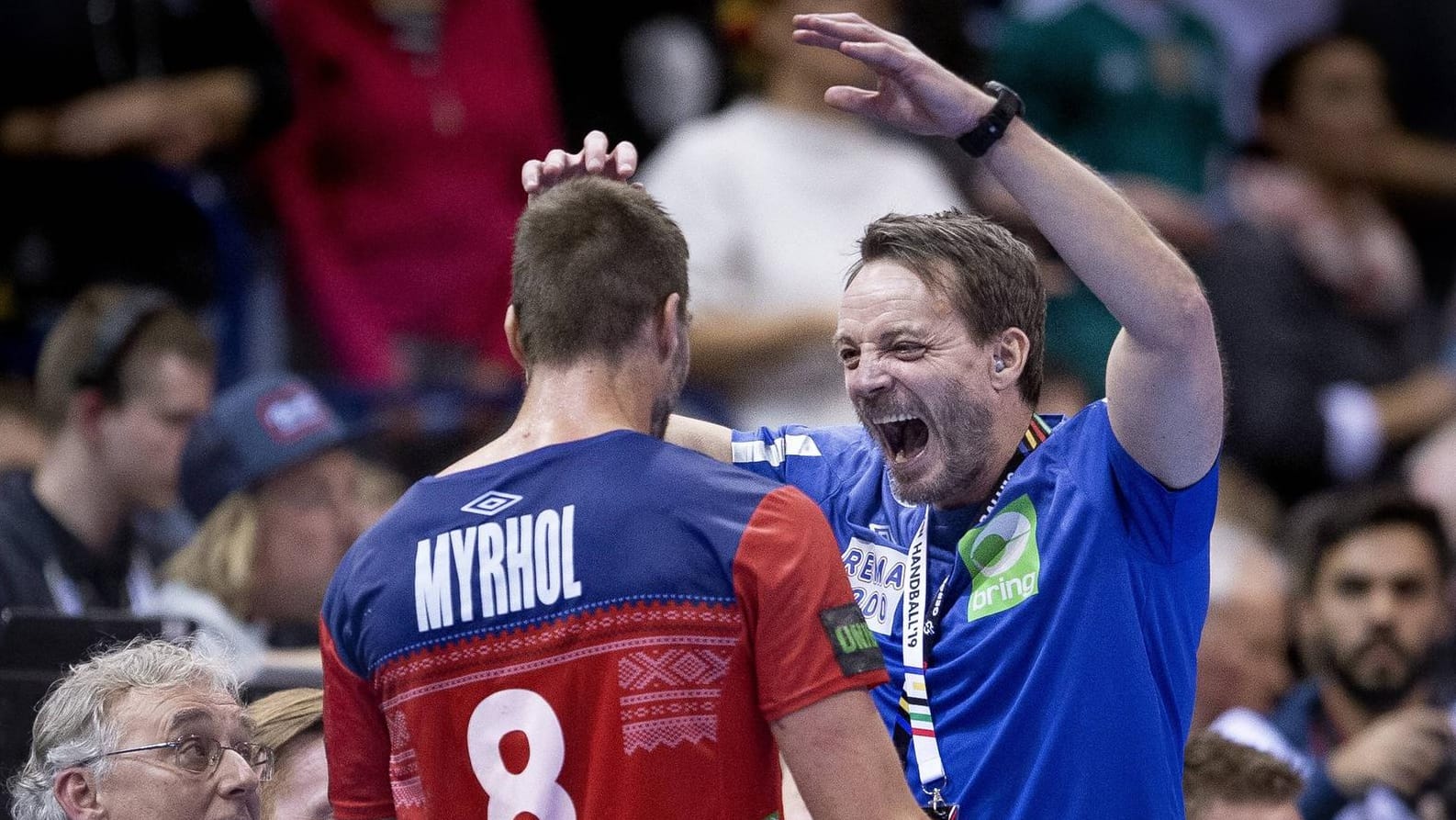 Norwegen-Trainer Christian Berge (r.) mit Kreisläufer Bjarte Myrhol.