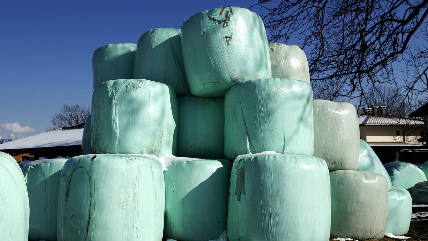 Verpackte Heuballen auf einer Weide: In der Schweiz löst sich ein Ballen vom Stapel und erschlägt einen Bauern. (Symbolbild)