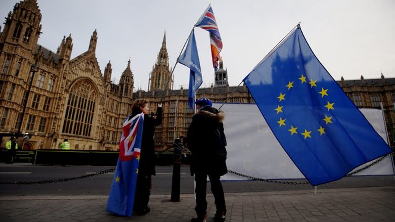Pro-europäische Demonstranten stehen mit ihren Fahnen gegenüber vom Palace of Westminster in London.