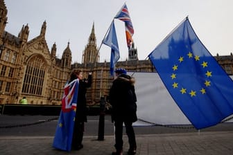 Pro-europäische Demonstranten stehen mit ihren Fahnen gegenüber vom Palace of Westminster in London.