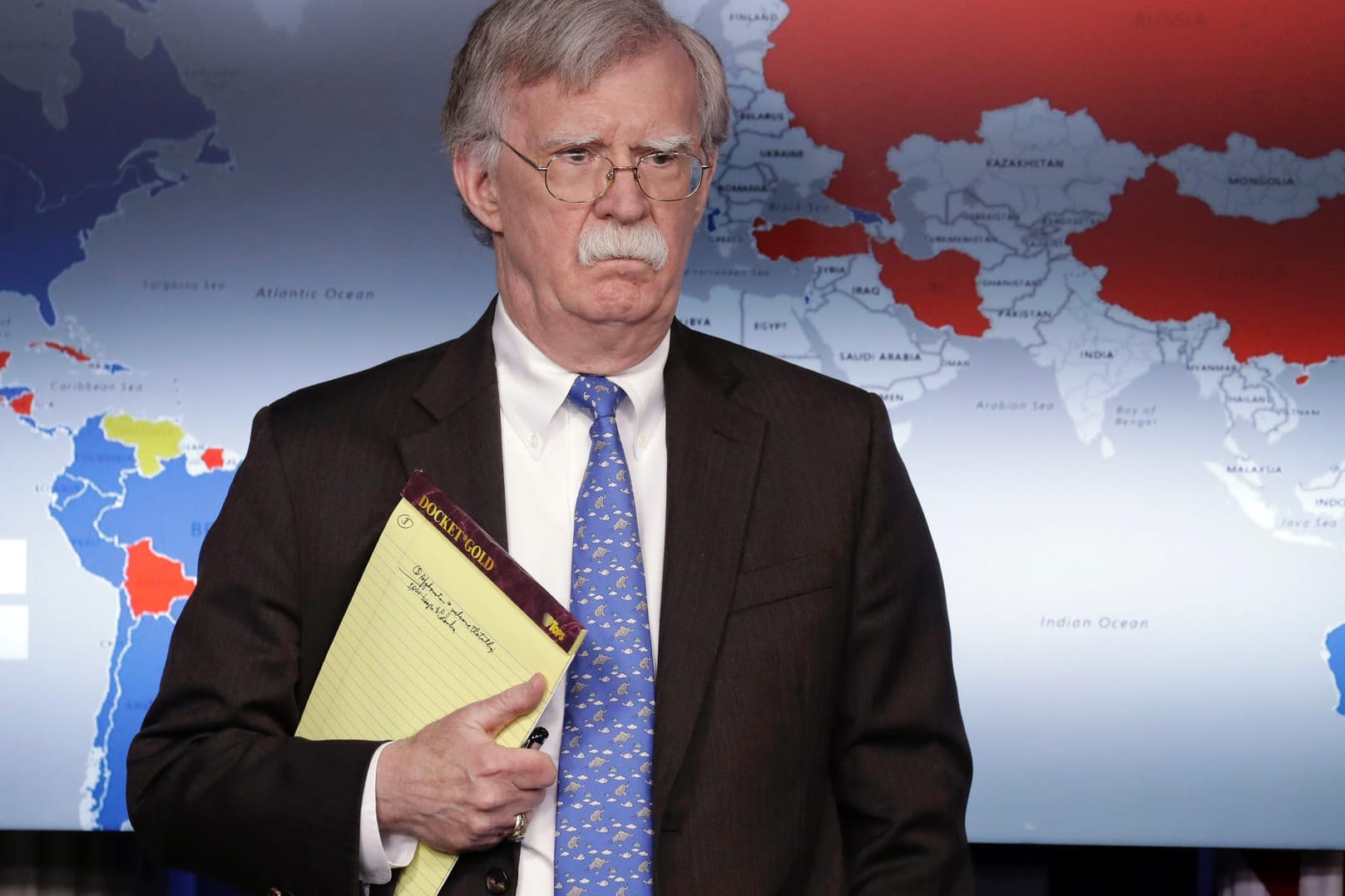 John Bolton: Der Notizblock des Nationalen Sicherheitsberaters der USA hat Aufsehen erregt.