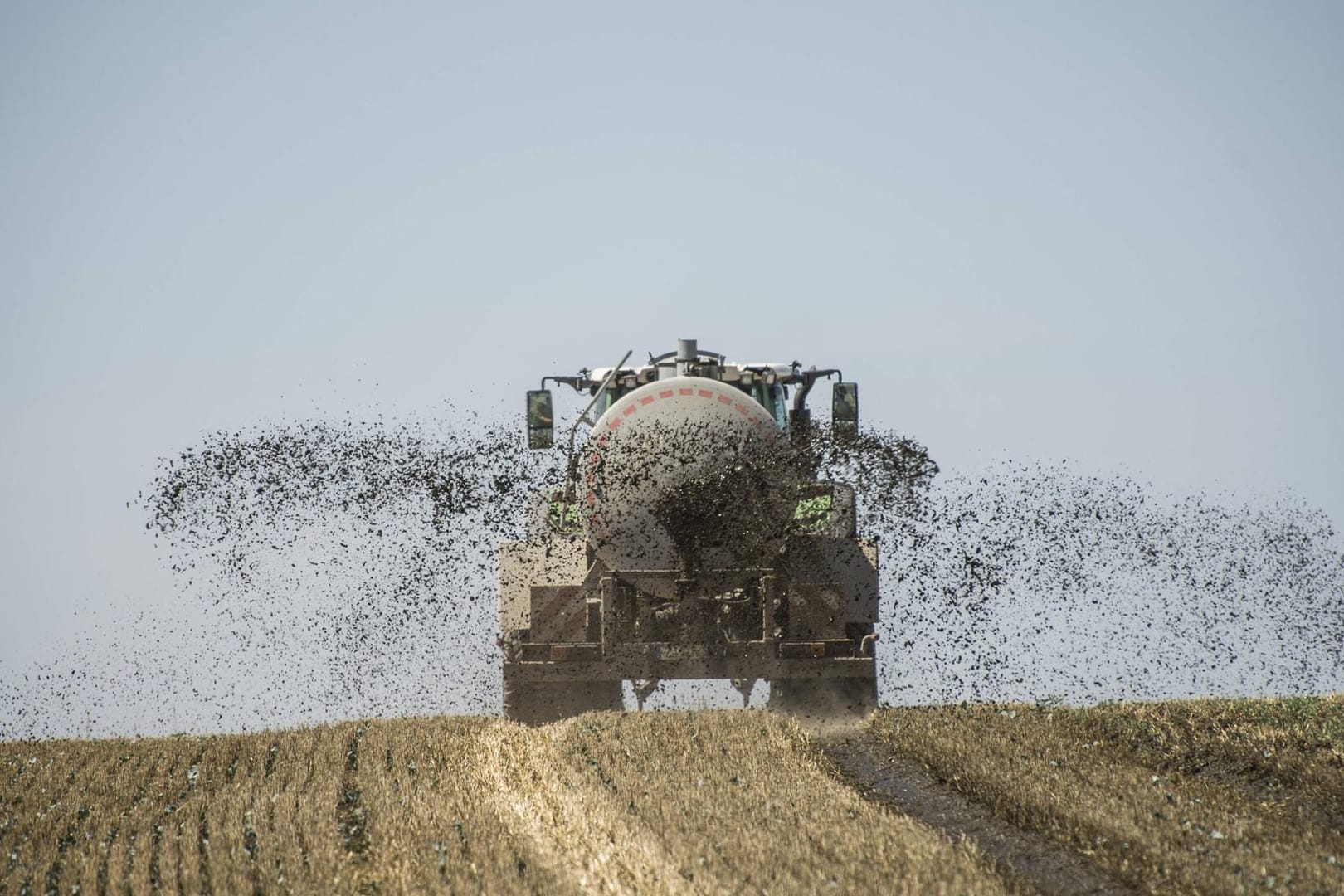 Ein Traktor beim Ausfahren von Gülle