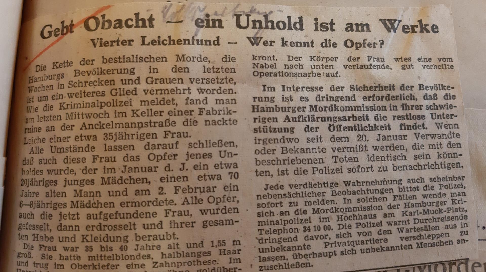 Ermittlungsakte: Die Polizei bat die Bevölkerung 1947 um Mithilfe bei der Aufklärung der Trümmermorde.