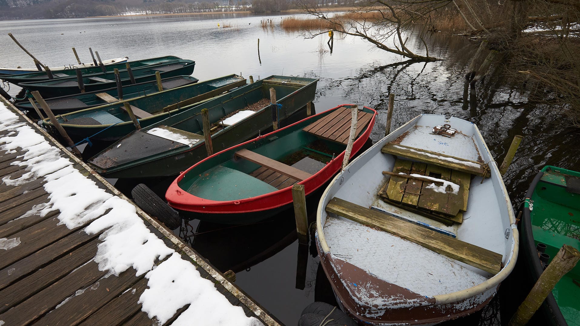 Boote dümpeln an einem Anlegesteg am Laacher See. Unter den Wassermassen schlummert ein Vulkan, der noch sehr aktiv ist, wie Forscher erstmals belegt haben.