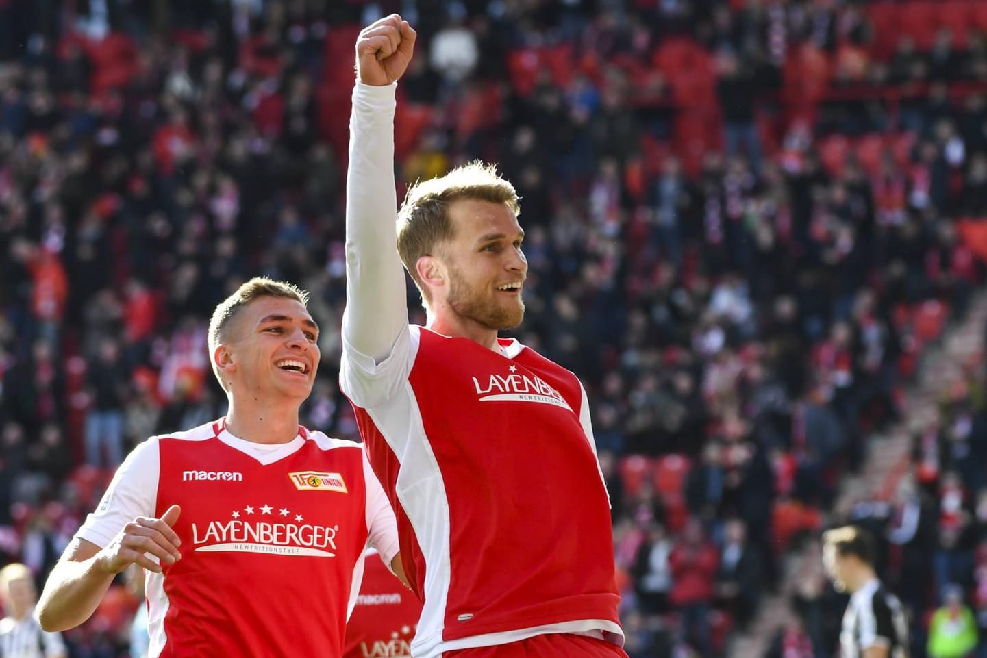 Jubel bei Sebastian Andersson (M.): Der Polter-Ersatz brachte Union Berlin gegen Sandhausen auf die Siegerstraße.