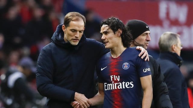 Trainer Thomas Tuchel (l) und Torschütze Cavani.