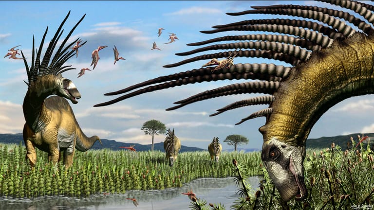 Illustration des Bajadasaurus pronuspinax: Die Dinosaurier hatten enorme Stacheln am Hals, die teils mehr als einen Meter lang waren.