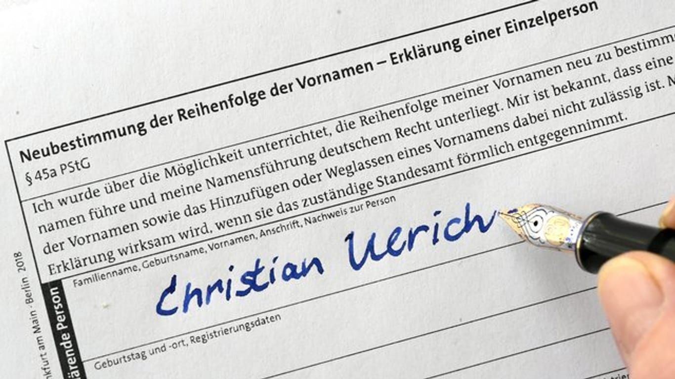 Eintragung auf dem Formular "Neubestimmung der Reihenfolge der Vornamen - Erklärung einer Einzelperson".