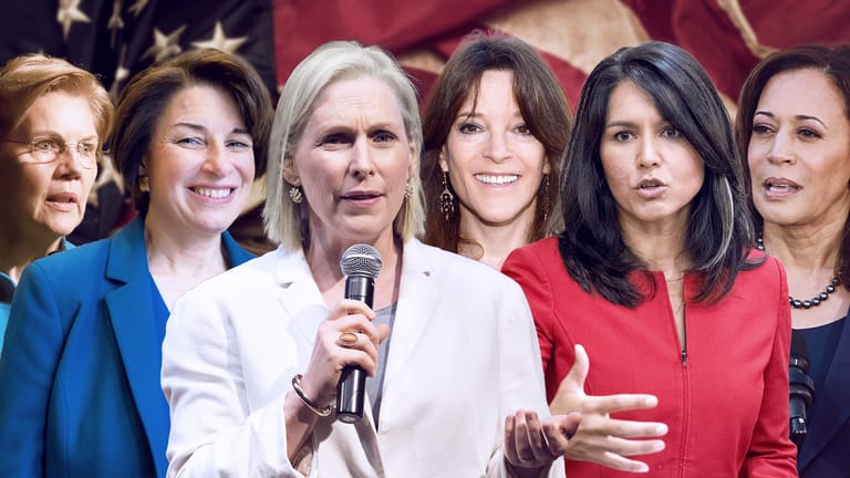 Wollen Präsidentin werden: Elizabeth Warren, Amy Klobuchar, Kirsten Gillibrand, Marianne Williamson, Tulsi Gabbard und Kamala Harris