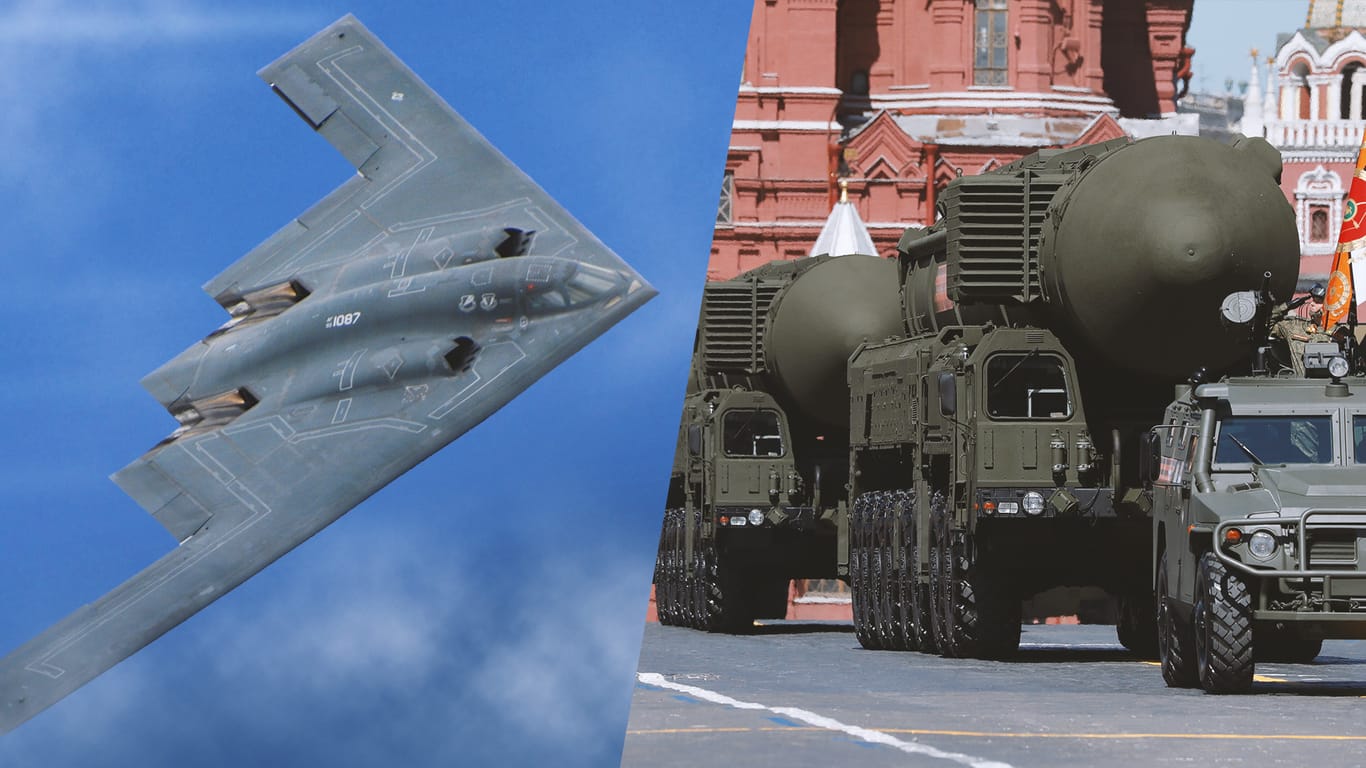 Ein atomwaffenfähiger B2-Bomber der USA und russische Atomraketen bei einer Militärparade in Moskau: Nach der Aufkündigung des INF-Vertrages fürchtet die Welt eine Rückkehr zum Kalten Krieg.