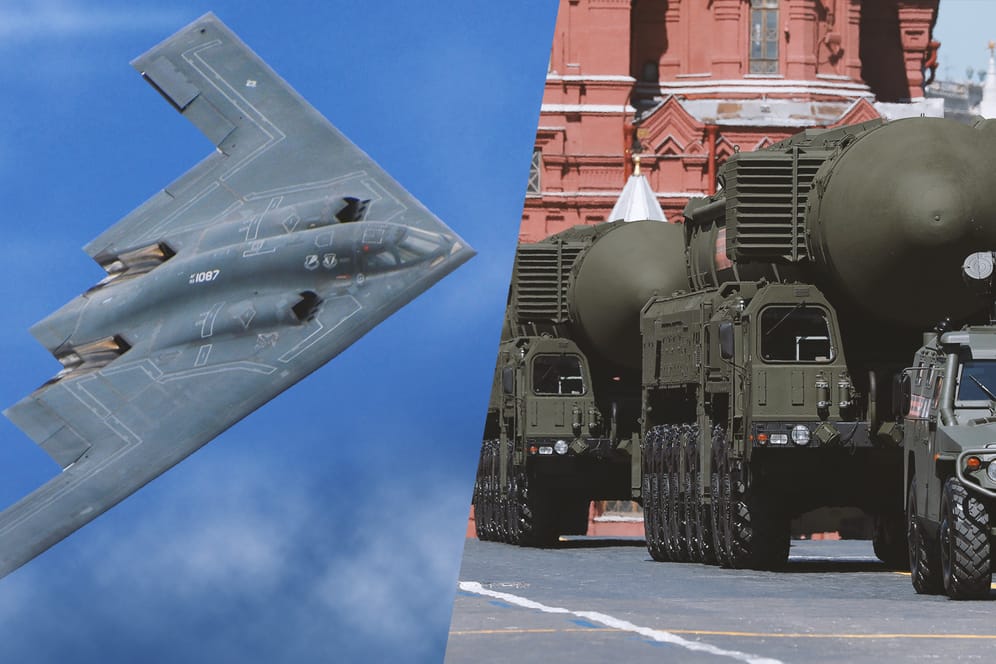 Ein atomwaffenfähiger B2-Bomber der USA und russische Atomraketen bei einer Militärparade in Moskau: Nach der Aufkündigung des INF-Vertrages fürchtet die Welt eine Rückkehr zum Kalten Krieg.