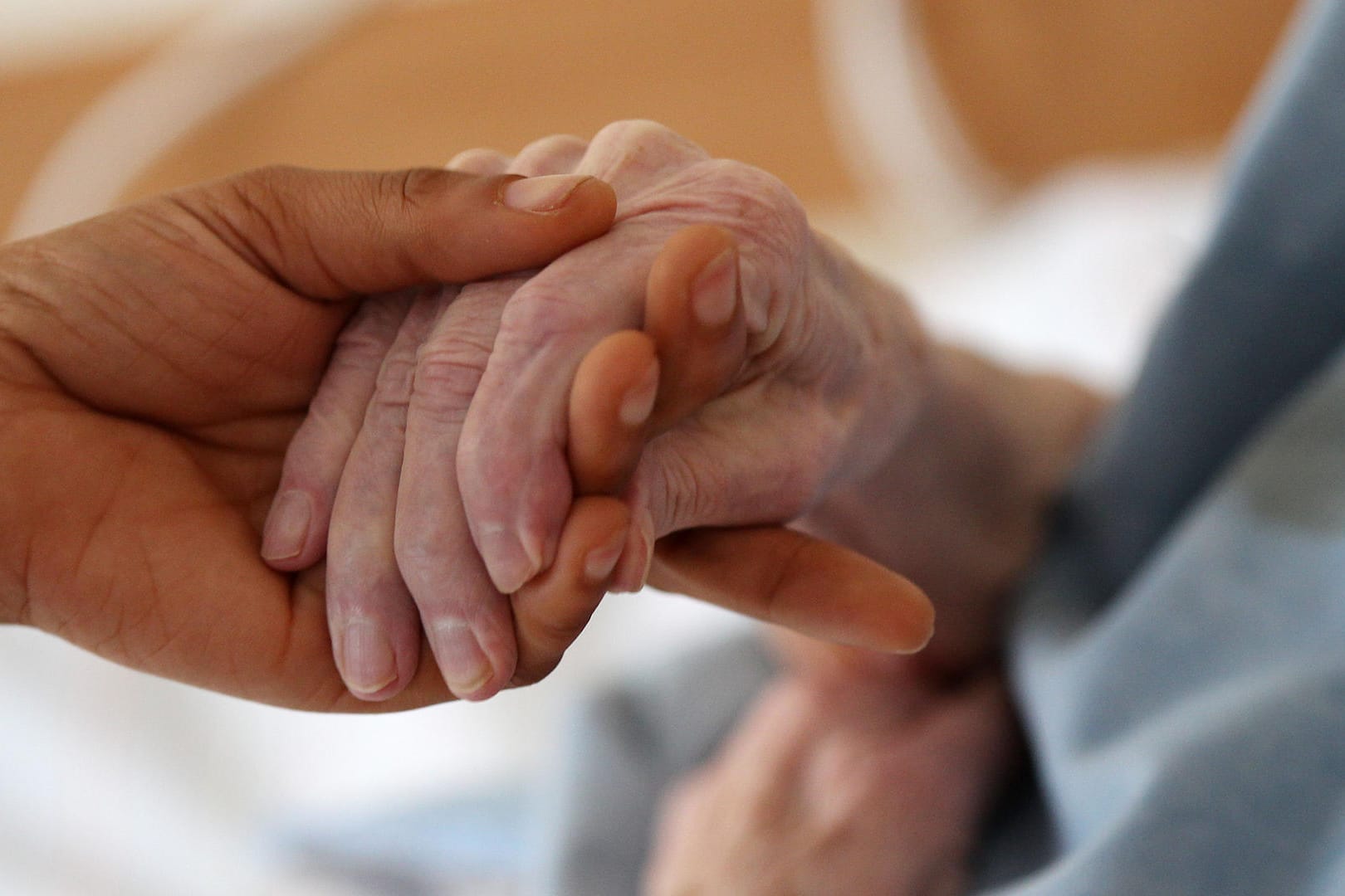 Eine Pflegerin hält die Hand einer Frau (Symbolbild): Eine Pflegerin soll mit Komplizen eine 95-Jährige geprellt haben.