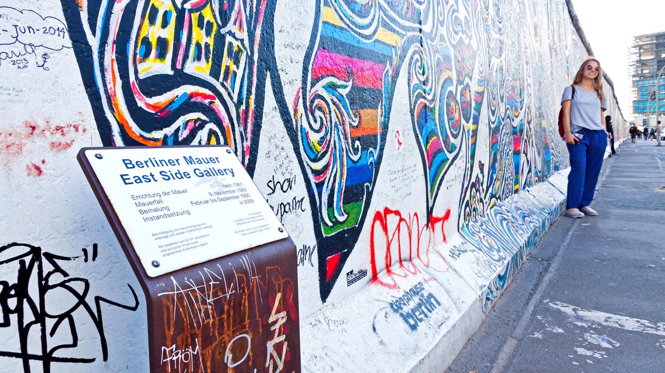 East Side Gallery: Besucher nutzen die bunt bemalten Reste der Berliner Mauer oft als farbenfrohe Fotokulisse.