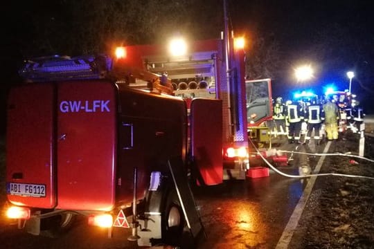 Feuerwehr und Rettungskräfte an der Unfallstelle auf einer Landstraße bei Köthen.