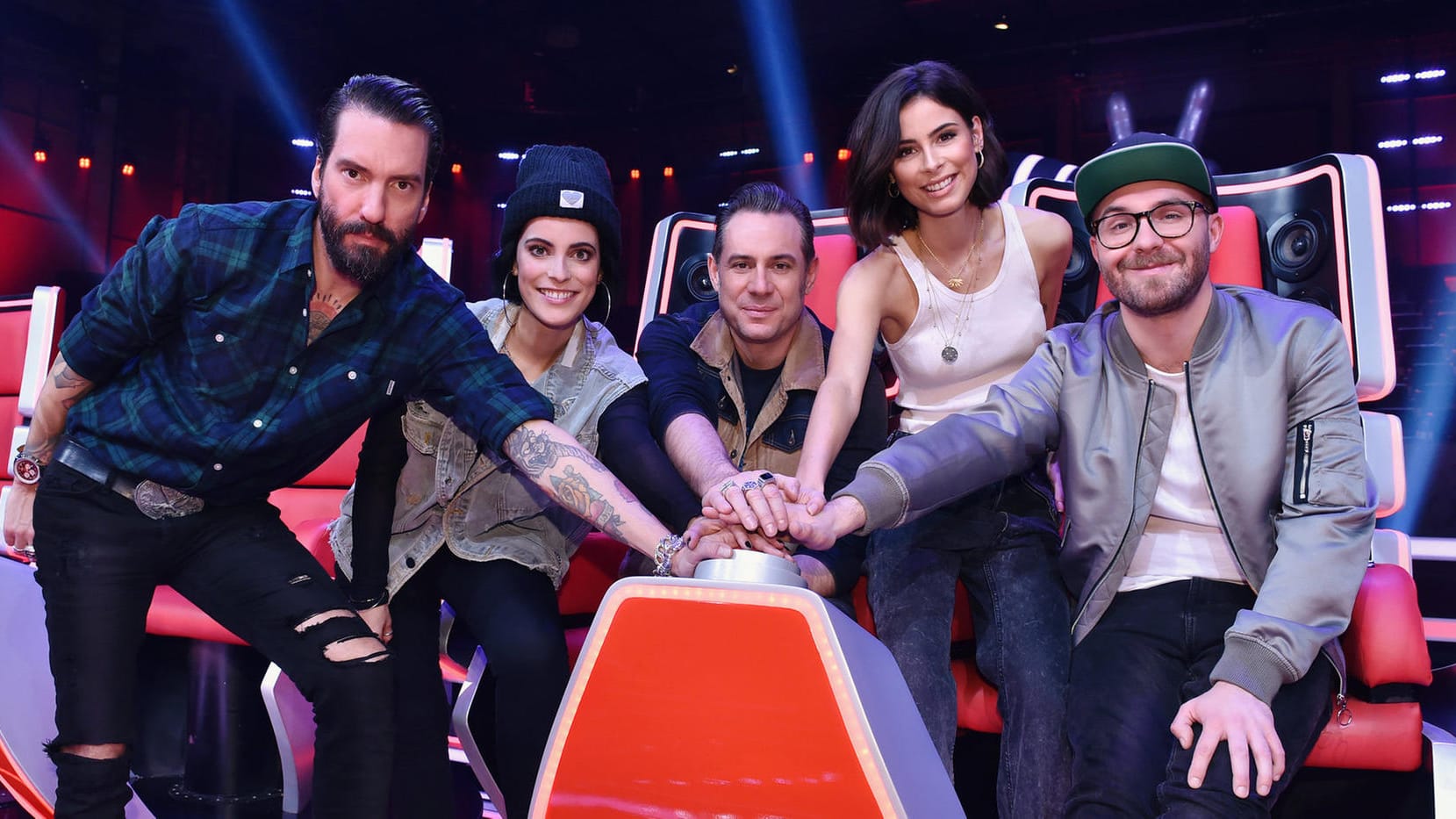 Die Coaches: Alec Völkel, Stefanie Kloß, Sascha Vollmer, Lena Meyer-Landrut und Mark Forster.