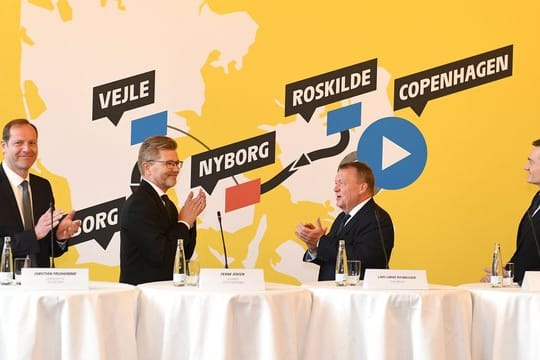 Christian Prudhomme, Bürgermeister Frank Jensen und Regierungschef Lars Løkke Rasmussen (l-r).