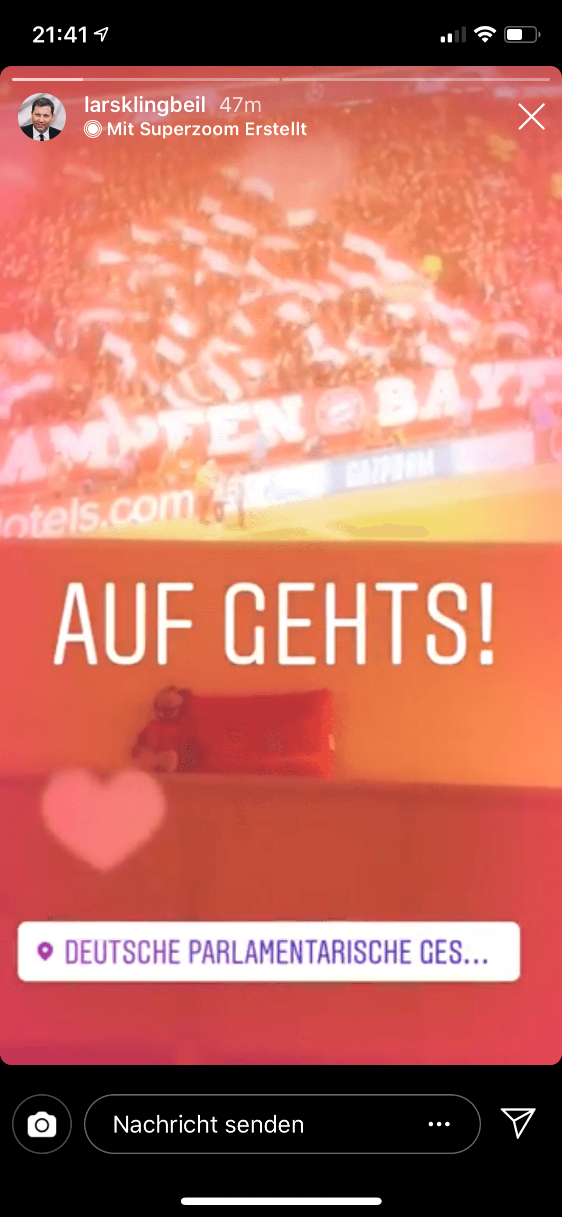 Ende der Woche: Mit vollem Herzen fiebert Klingbeil mit seinem FC Bayern mit. Das zeigt er auch auf Instagram.