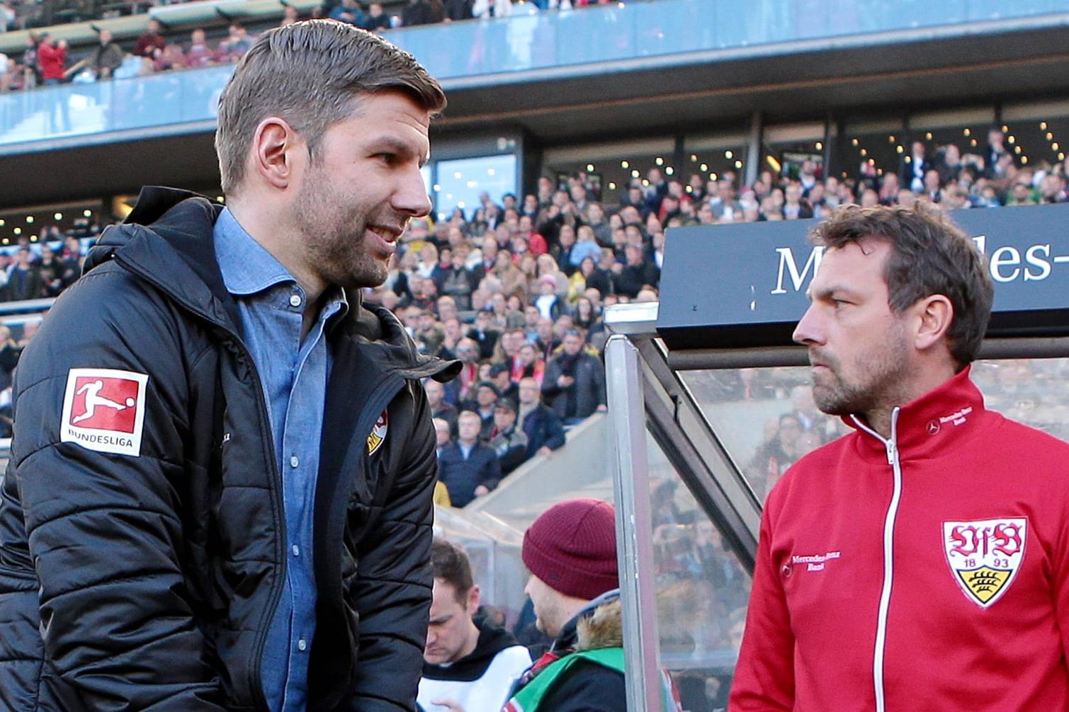 Garantie – vorerst: VfB-Sportvorstand Hitzlsperger (li.) und Trainer Weinzierl.